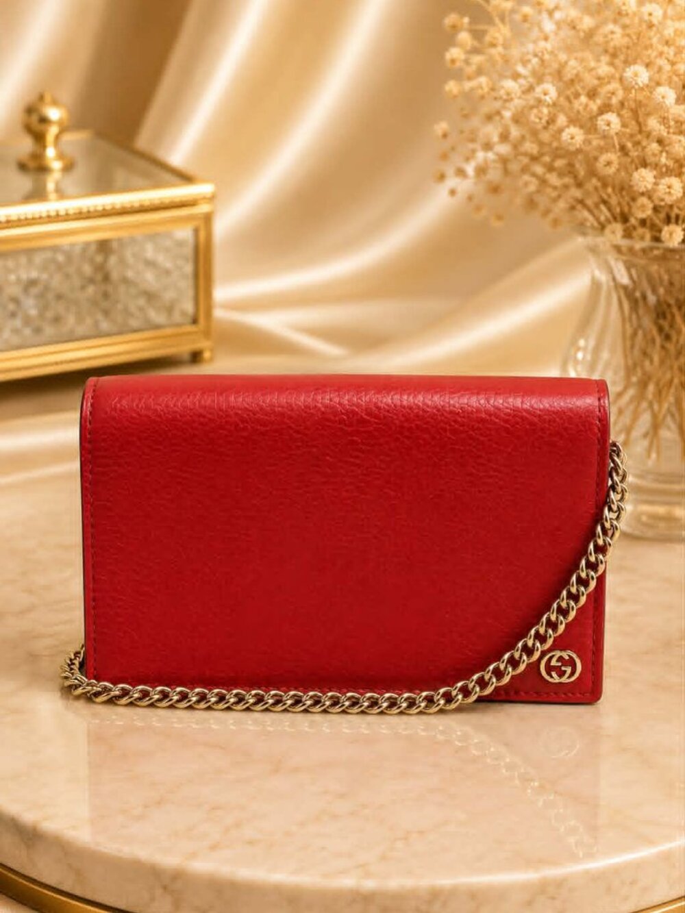 Authentic Gucci Dollar Calf Leather Chain Wallet Clutch Red Crossbody GG Logo